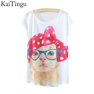 KaiTingu 2015 New Fashion Vintage Spring Summer T Shirt Women Tops Print T-shirt Glass Cat Printed White Woman Clothes