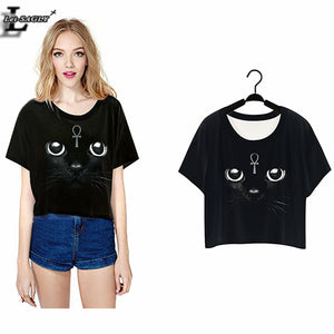 Lei-SAGLY Black Cat Shining Eyes T-shirts Short Sleeve 2017 Summer O-neck Tshirts Women Clothes Crop Tops Punk Harajuku F976