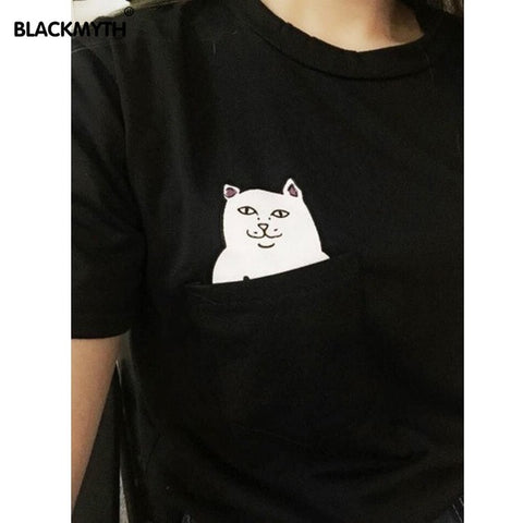 American Style Cat Printed Women T shirt Black  Cotton Fashion Woman Tee Womens Fashion  Tshirt