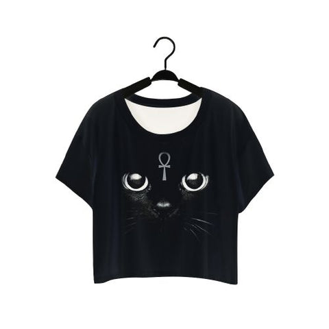 Lei-SAGLY Black Cat Shining Eyes T-shirts Short Sleeve 2017 Summer O-neck Tshirts Women Clothes Crop Tops Punk Harajuku F976