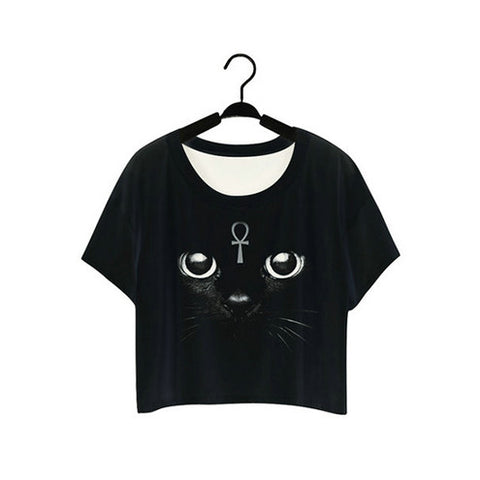 Lei-SAGLY Black Cat Shining Eyes T-shirts Short Sleeve 2017 Summer O-neck Tshirts Women Clothes Crop Tops Punk Harajuku F976