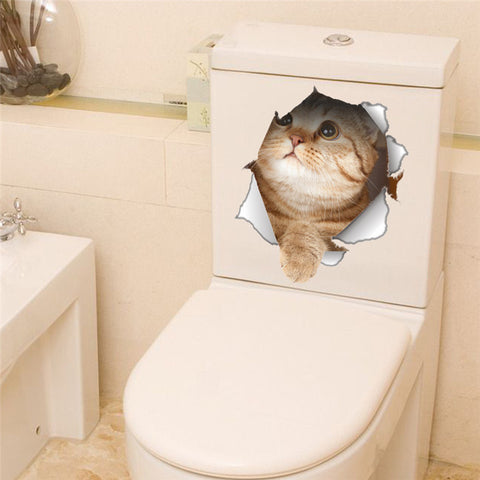 3D Hole Cat Wall Sticker Decals Bathroom Toilet