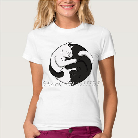 Funny Novelty YIN YANG CATS Design T shirt Women/Lady Fashion Casual Black/White Cat Animal Short Sleeve Tee Tops Clothes