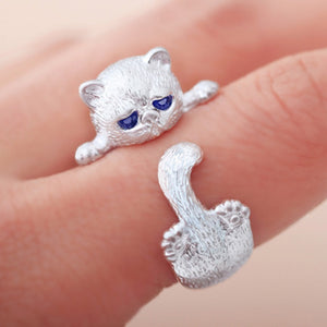 Fashion Lovely Silver Plated Cute Cat Rings for Women Animal Cat Eyes Open Ring Vintage Jewelry