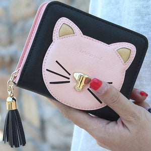 Fashion tassel short cat wallet women zipper coin purse brand designer lady small wallet Female change purse girl card holders