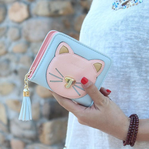 Fashion tassel short cat wallet women zipper coin purse brand designer lady small wallet Female change purse girl card holders