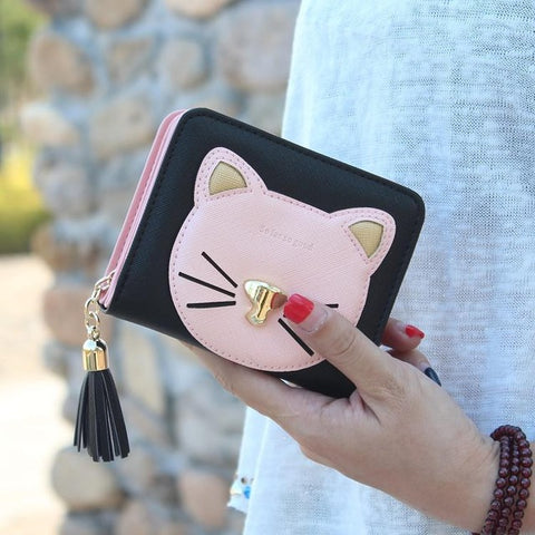 Fashion tassel short cat wallet women zipper coin purse brand designer lady small wallet Female change purse girl card holders