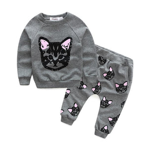 Girls Long Sleeve Clothes Set - Winter Cat Printed Cotton Blended