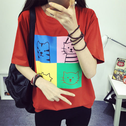 Harajuku New Women's T shirt Kawaii Character Cats Printed Short Sleeve Girl Summer Tee Tops Clothing Drop Shipping