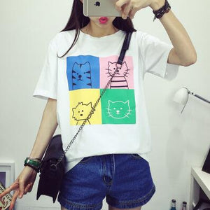 Harajuku New Women's T shirt Kawaii Character Cats Printed Short Sleeve Girl Summer Tee Tops Clothing Drop Shipping