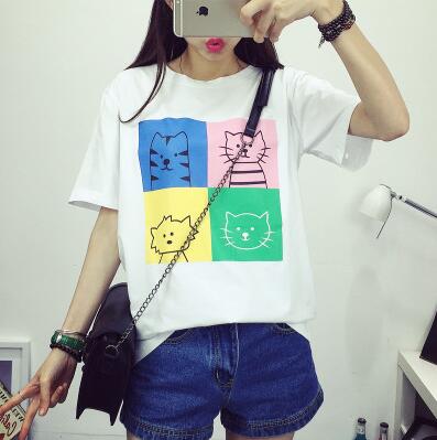 Harajuku New Women's T shirt Kawaii Character Cats Printed Short Sleeve Girl Summer Tee Tops Clothing Drop Shipping