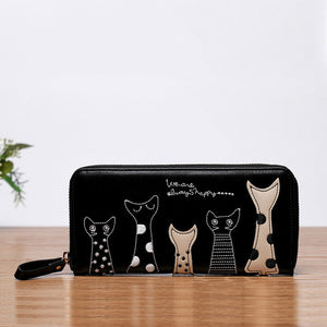 Women Cat Cartoon Wallet Long Creative Female Card Holder Casual Zip Ladies Clutch PU Leather Coin Purse ID Holder