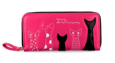 Women Cat Cartoon Wallet Long Creative Female Card Holder Casual Zip Ladies Clutch PU Leather Coin Purse ID Holder