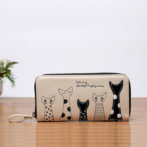 Women Cat Cartoon Wallet Long Creative Female Card Holder Casual Zip Ladies Clutch PU Leather Coin Purse ID Holder