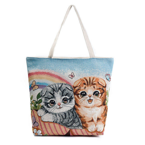 Cute Women Cats Print Canvas Shoulder Handbag