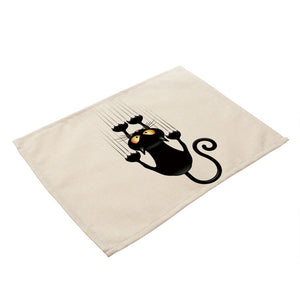 42x32cm Kitchen Accessories Western Food Pad Cartoon Black Cat Pattern Linen Insulation Wearable Cups Pad