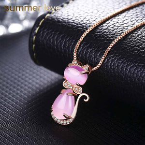 Cute Pink Kitty Cat Pendants Charms Bowknot Crystal Necklace Love statement Necklace for Women Lady Jewelry Kolye collier femme