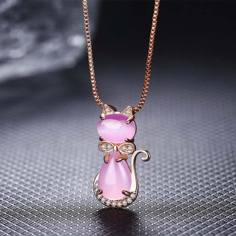 Cute Pink Kitty Cat Pendants Charms Bowknot Crystal Necklace Love statement Necklace for Women Lady Jewelry Kolye collier femme