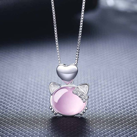 Cute Pink Kitty Cat Pendants Charms Bowknot Crystal Necklace Love statement Necklace for Women Lady Jewelry Kolye collier femme