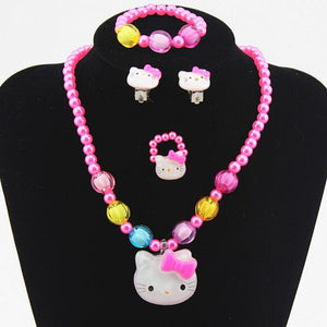 1Set=4pcs Girls Accessories Necklace pink Kitty Cat Bracelet Rings clip earrings necklace Kids Lovely Jewelry Set Round Beads