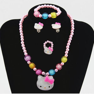 1Set=4pcs Girls Accessories Necklace pink Kitty Cat Bracelet Rings clip earrings necklace Kids Lovely Jewelry Set Round Beads