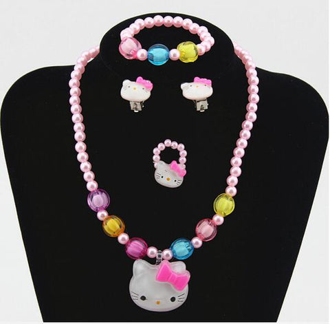 1Set=4pcs Girls Accessories Necklace pink Kitty Cat Bracelet Rings clip earrings necklace Kids Lovely Jewelry Set Round Beads