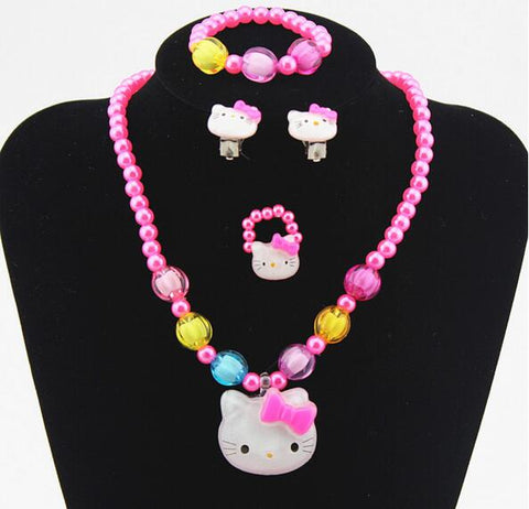 1Set=4pcs Girls Accessories Necklace pink Kitty Cat Bracelet Rings clip earrings necklace Kids Lovely Jewelry Set Round Beads