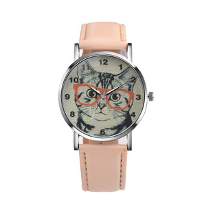 Cat Pattern Leather Band Analog Quartz Vogue Wrist Watch