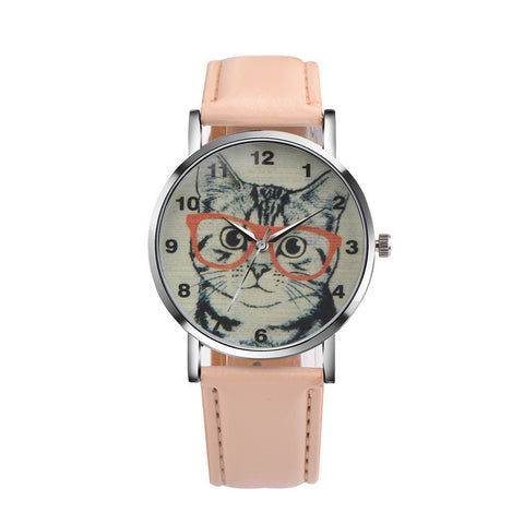 Cat Pattern Leather Band Analog Quartz Vogue Wrist Watch