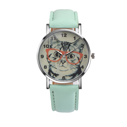 Cat Pattern Leather Band Analog Quartz Vogue Wrist Watch