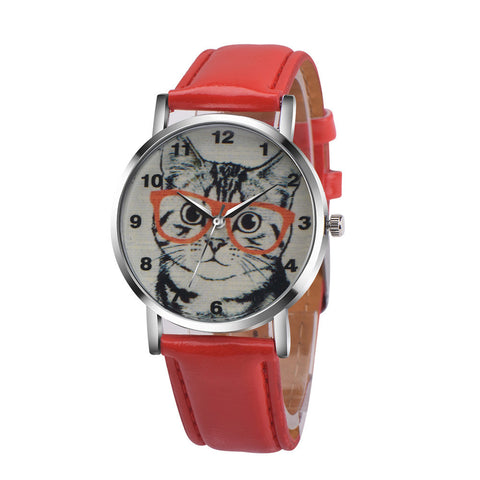 Cat Pattern Leather Band Analog Quartz Vogue Wrist Watch